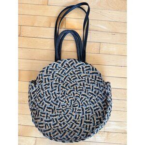 Round Woven Tote Bag With Faux Leather Accents Dual Handles & Long Strap